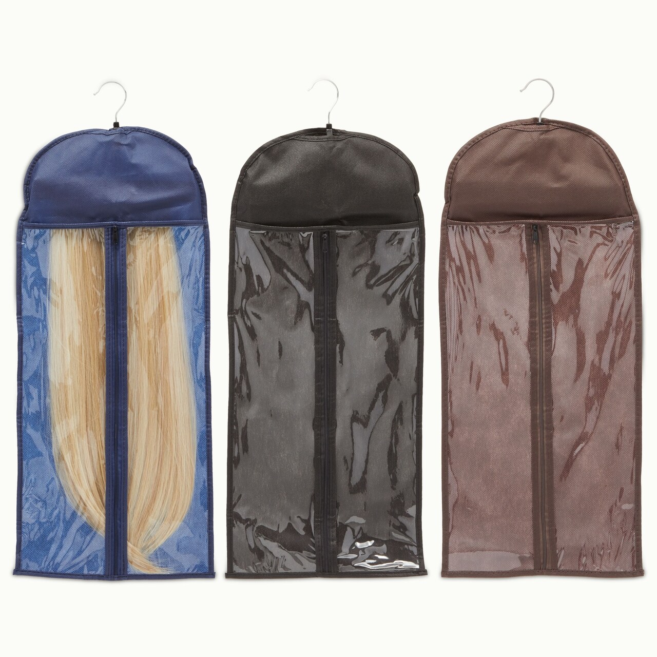 3-Pack Hair Extension Holder and Hanger, 25.5-Inch Wig Storage Bag for Travel Fits Hair Extensions up to 24 Inches Long with Soft Slip-Resistant Locking Hangar Grip (3 Colors)
